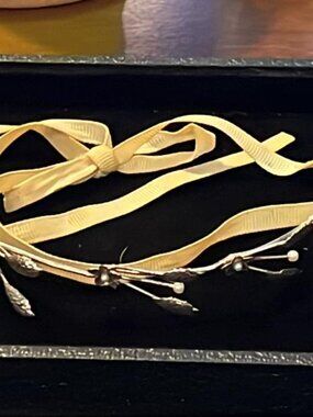 Hair Band with Gold Tone Flowers, Leaves and Faux Pearls with Ribbon
